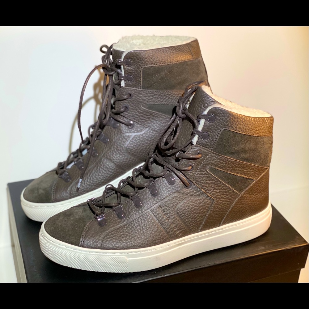 HUGO Men’s Brown Leather Boss Enlighten HiTop Shoes Fleece Lined Size 10
